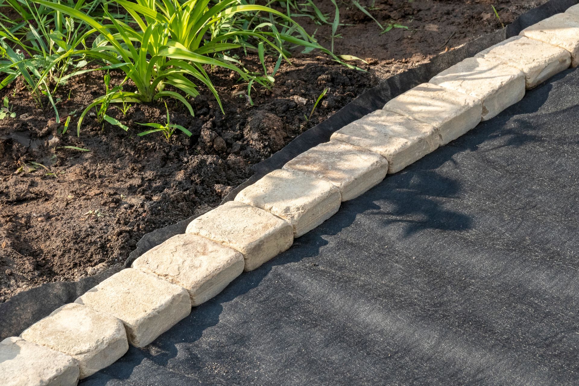 Stone border along a garden bed, with black fabric on the path and green plants. Stone border along a garden bed, with black fabric on the path and green plants.