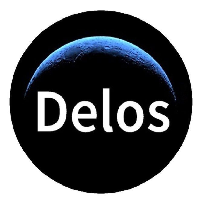 The logo for delos shows a blue planet in a black circle.
