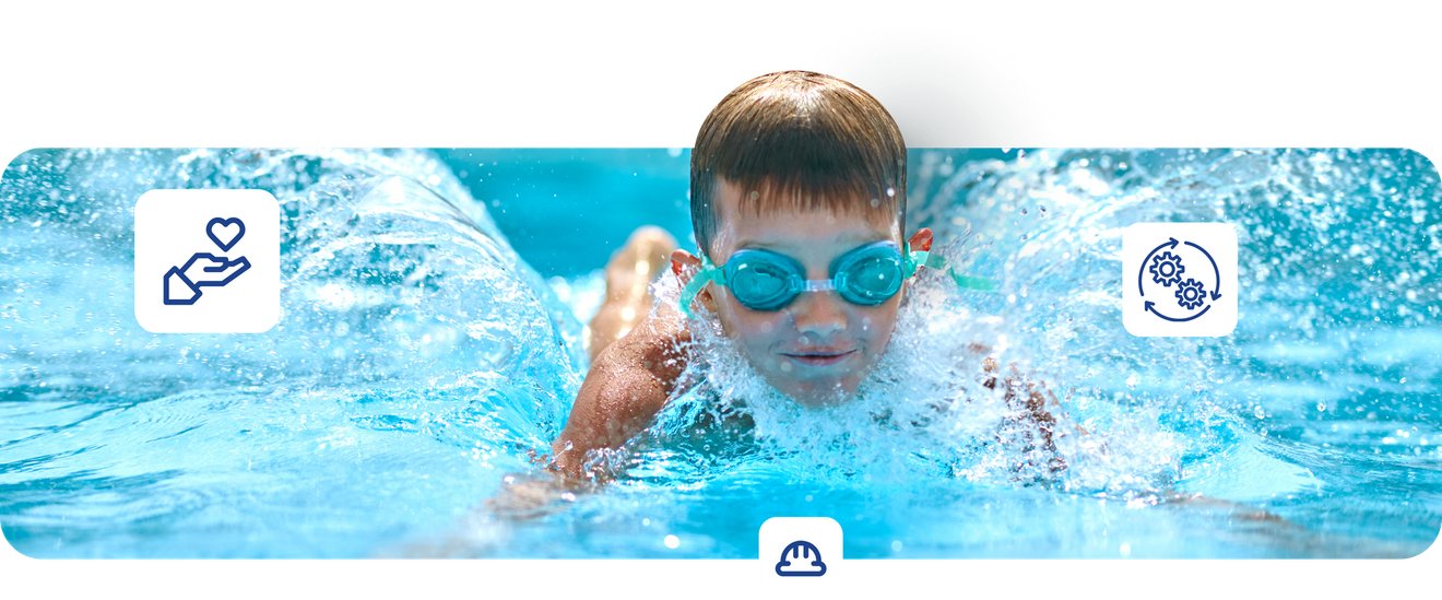 Boy swimming in a pool, wearing goggles. Water splashes around him. Icons of a heart, gear, and construction.