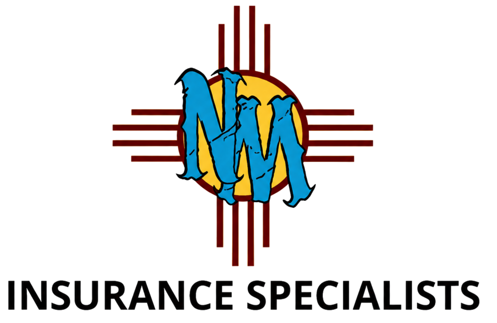 NM Insurance Specialists logo with blue and gold letters over a red crosshair design