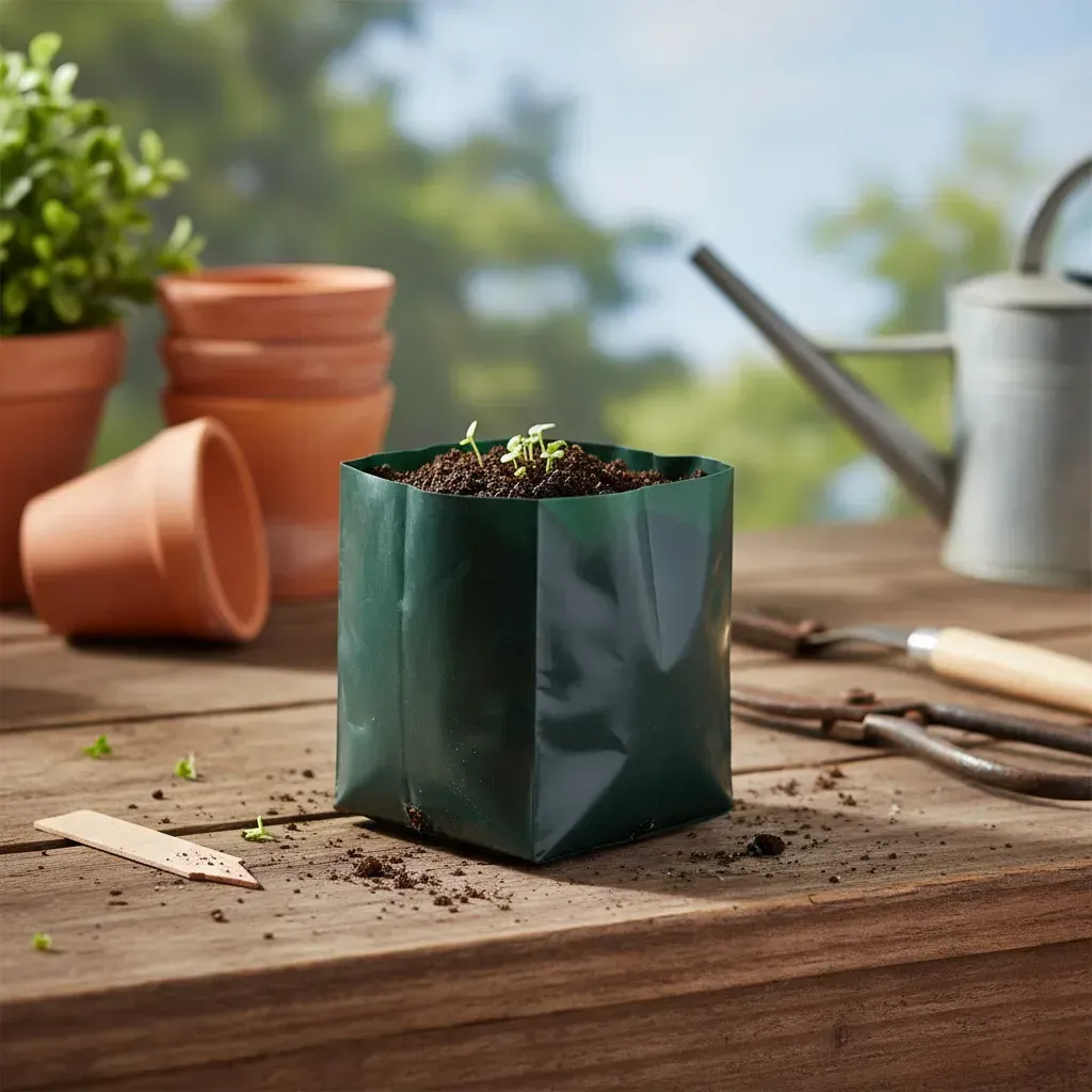 Una bolsa de plástico negra llena de tierra está encima de una bolsa de plástico negra.