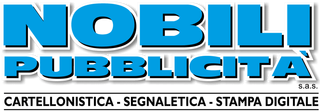 Blue and white “Nobili Pubblicità” logo with the tagline “cartellonistica - segnaletica - stampa digitale”
