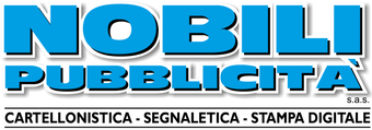 Blue and white “Nobili Pubblicità” logo with the tagline “cartellonistica - segnaletica - stampa digitale”