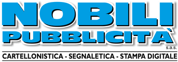 Blue and white “Nobili Pubblicità” logo with the tagline “cartellonistica - segnaletica - stampa digitale”