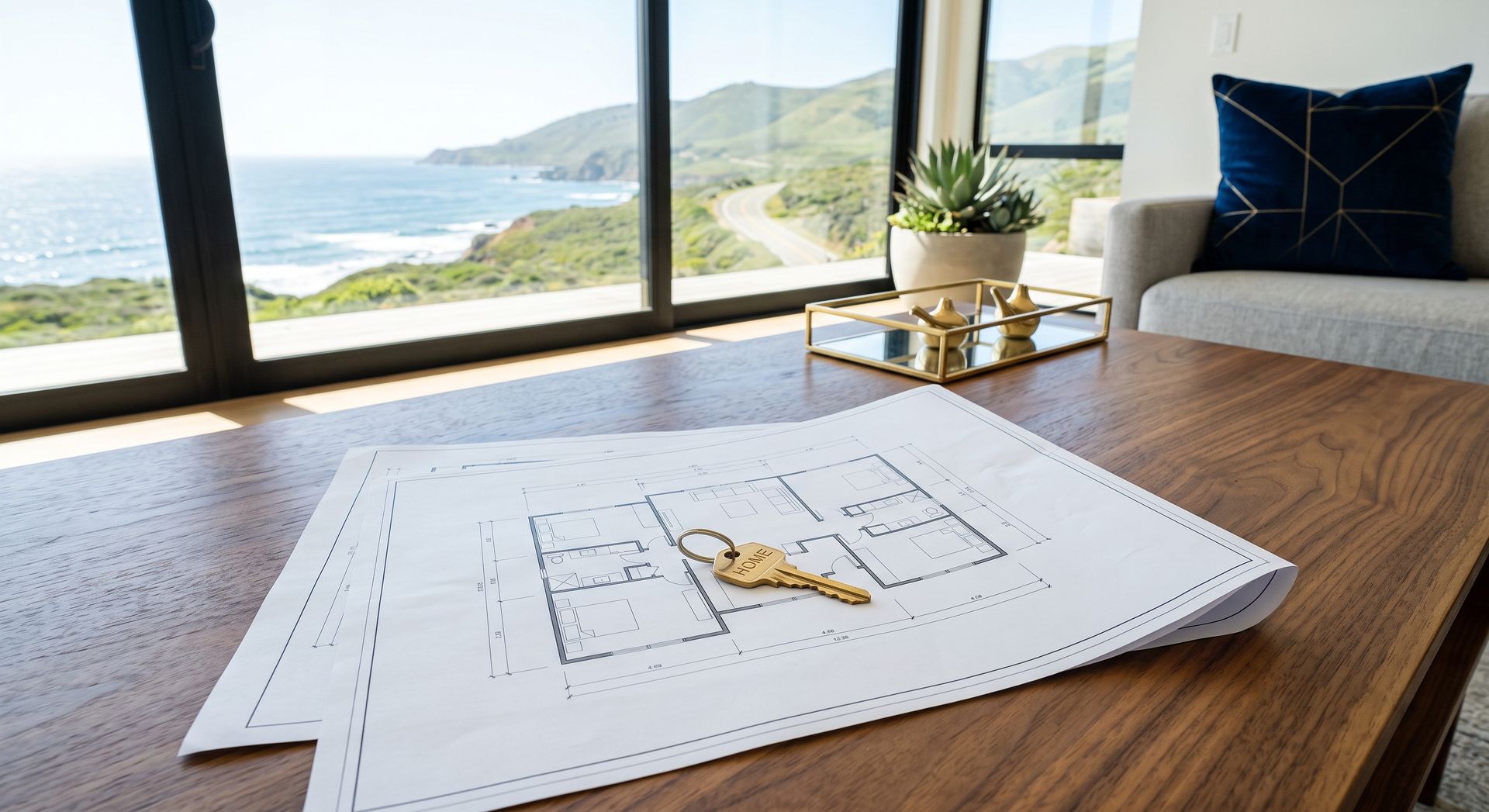 Architectural floor plan on a wooden table beside a coastal window view, with a sofa and plant nearby