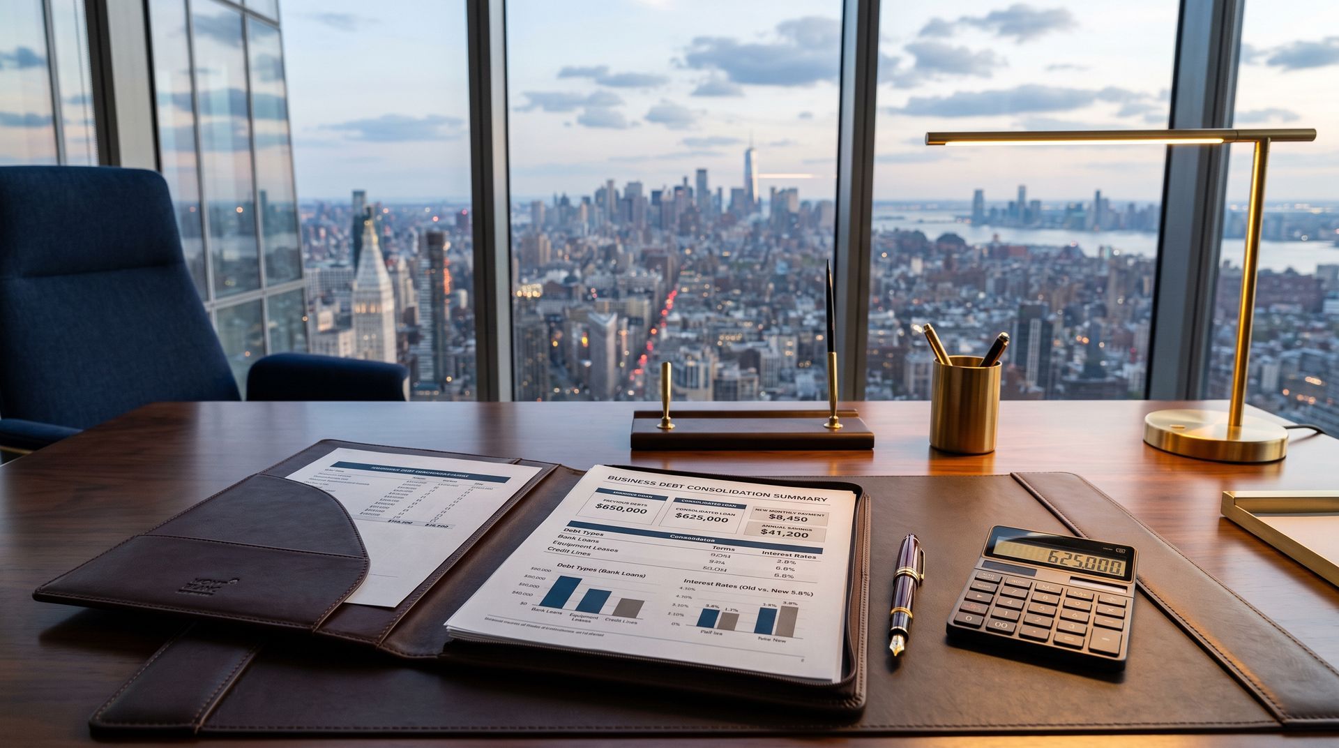 Desk with papers, laptop, and lamp overlooking a city skyline from a high-rise office window
