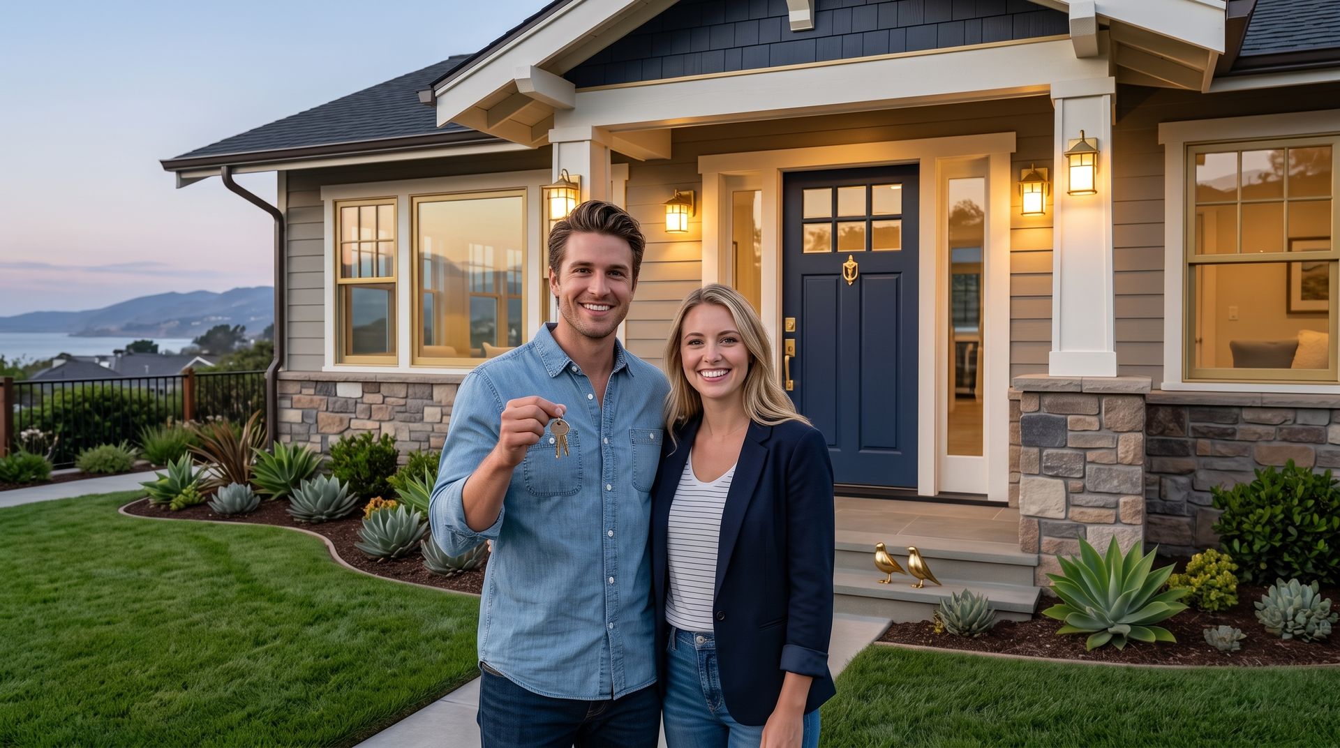 Smiling couple standing outside a house at dusk, with a blue front door and lit porch lights