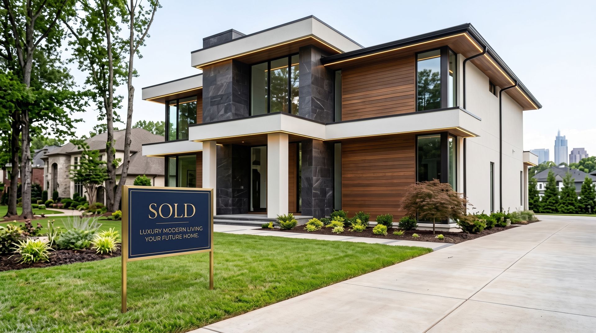 Modern two-story house with a “SOLD” sign in a landscaped front yard