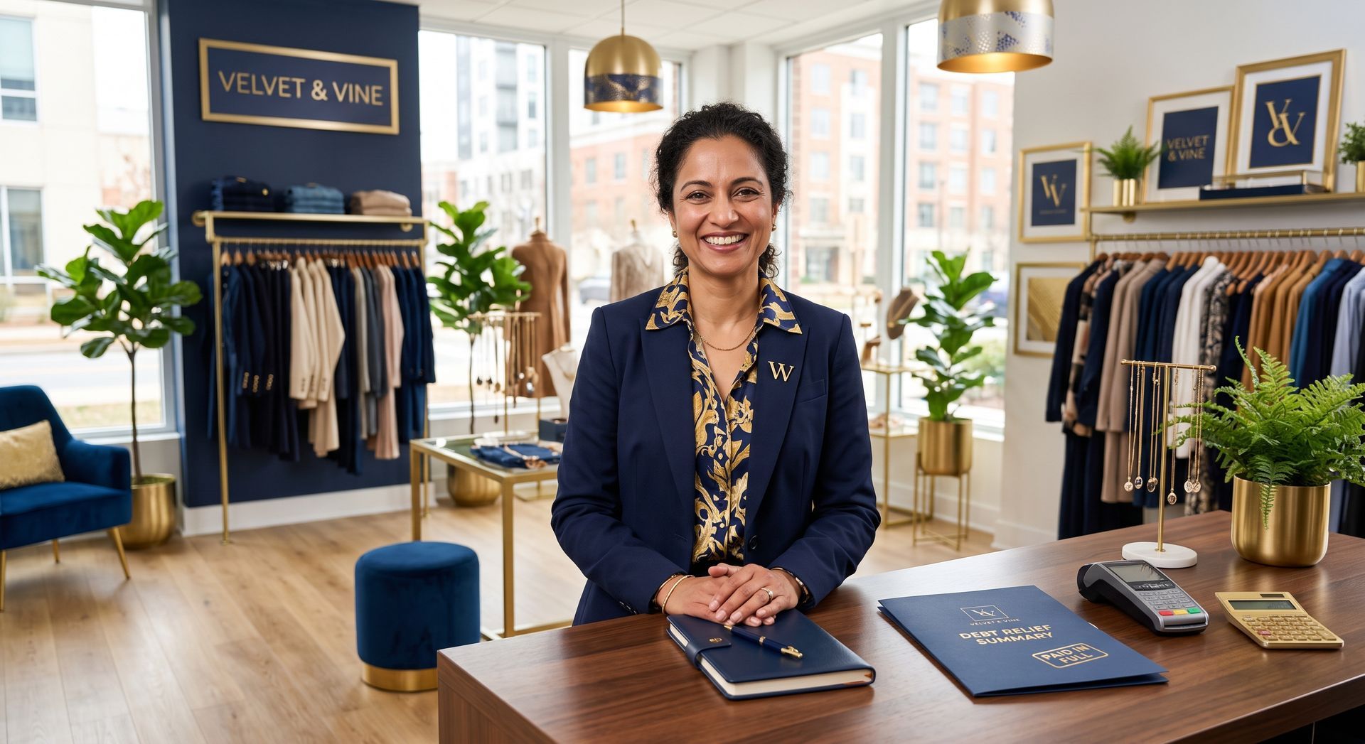 Woman in navy blazer standing in a bright clothing boutique with suits on display and a table in front.