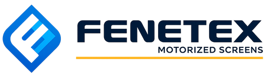 Fenetex logo with blue icon and black text, labeled “Motorized Screens”