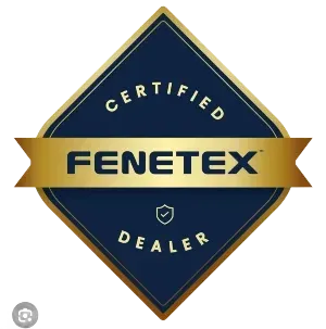 Fenetex certified dealer badge in navy, gold, and white with diamond shape