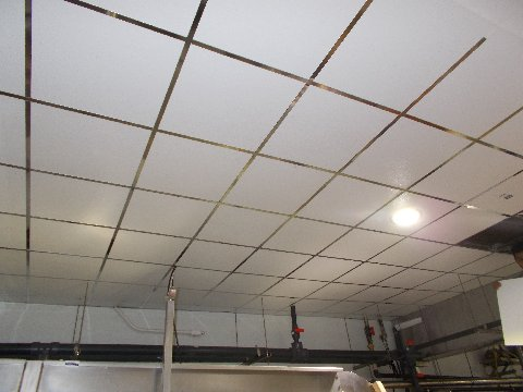 White ceiling with a grid of metal strips.