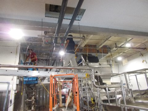 Two workers on scaffolding installing ceiling infrastructure in an industrial setting.