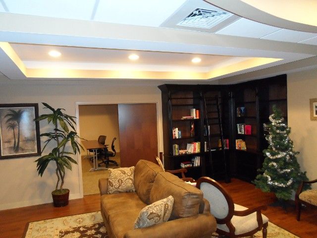 Cozy office lounge with brown couch, dark bookcase, and small Christmas tree. Recessed ceiling lights.