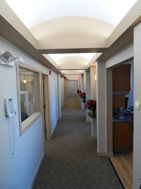 Hallway with beige walls, gray carpet, recessed lighting, and doors. Potted red flowers line the hallway.