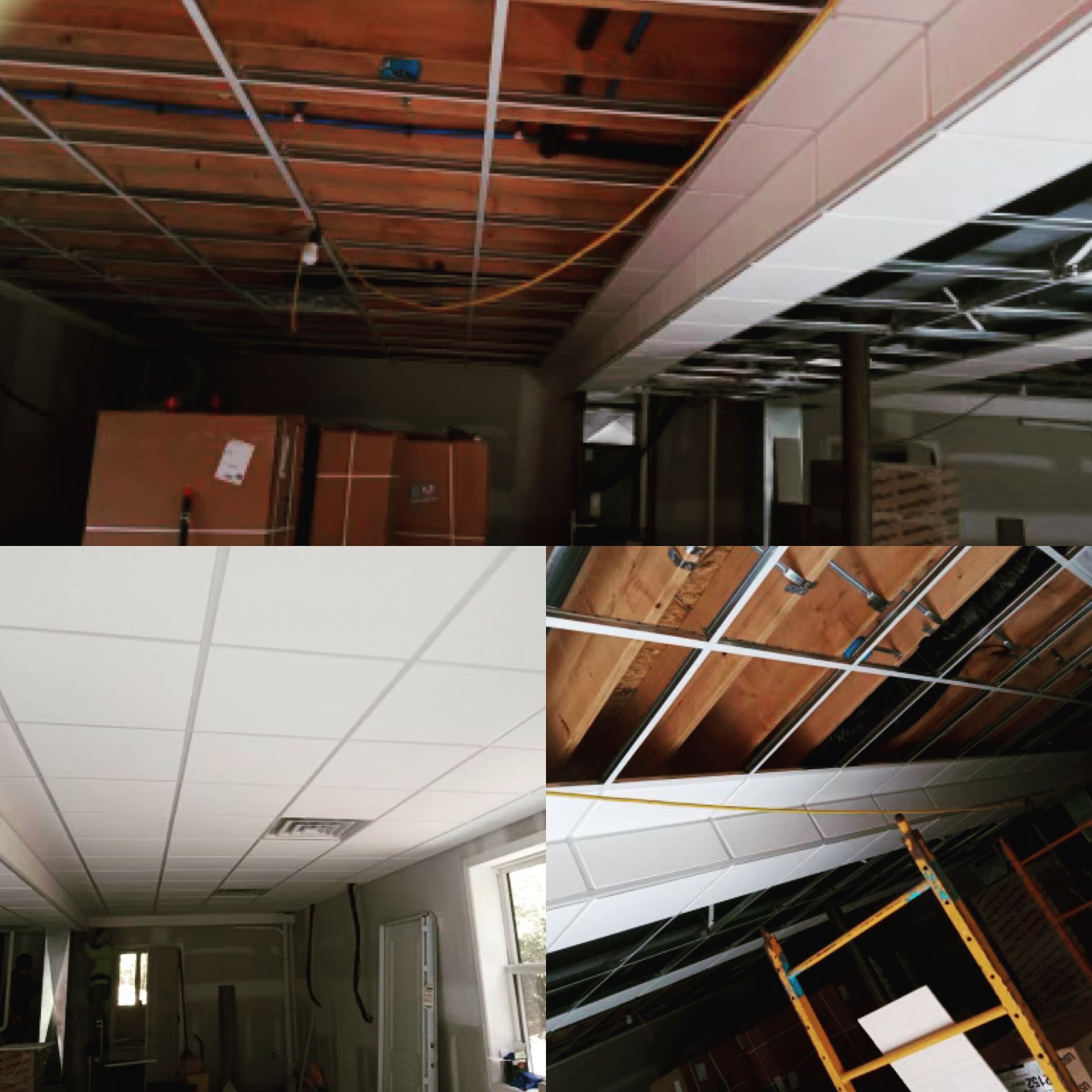 Four photos of a building's ceiling at different stages of construction