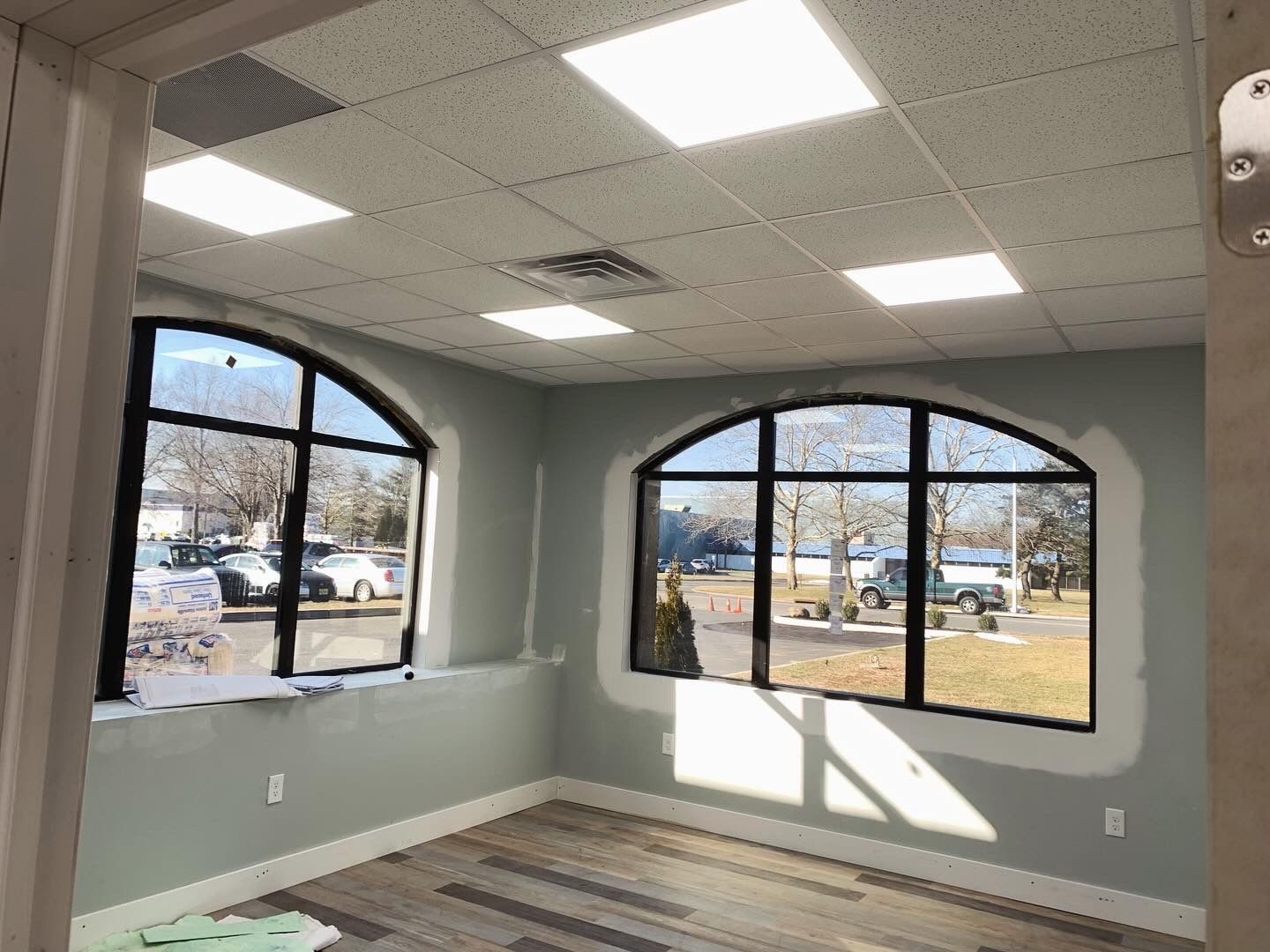 Interior room with arched windows, light blue walls, wood floor, and square ceiling lights.