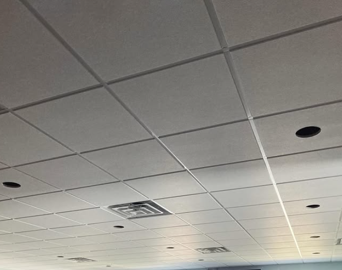 Suspended ceiling with gray tiles, recessed lights, and air vents.
