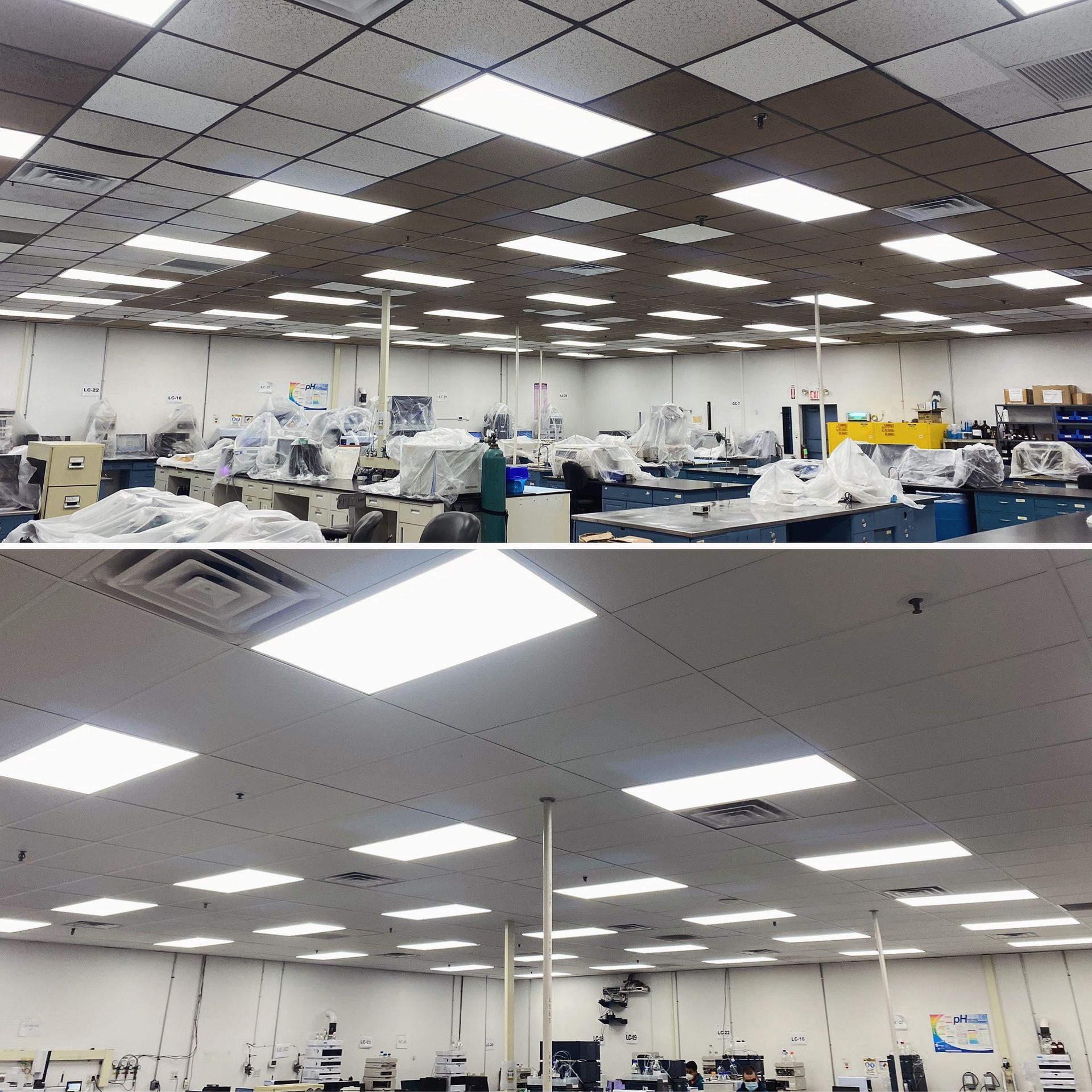 Two images of an office space with overhead fluorescent lights and workspaces covered in white cloths.