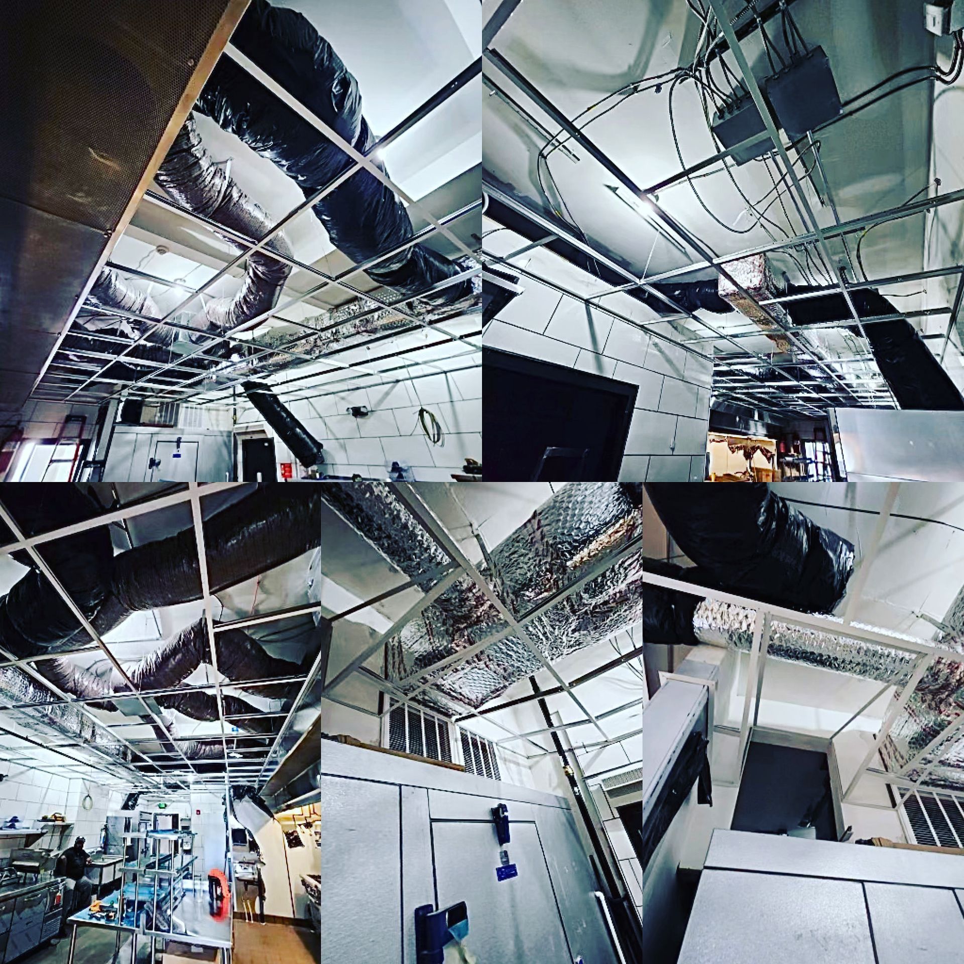 Collage of a commercial kitchen ceiling with ductwork, metal framing, and some kitchen equipment visible.
