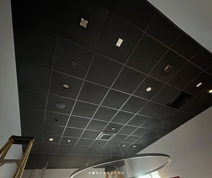 Black grid ceiling with recessed lights, seen from below. A ladder is in the lower left corner.
