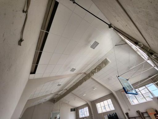 Interior view of a gymnasium ceiling with a drop ceiling and various fixtures. Skylights and windows are visible.