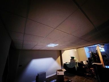 Basement interior with drop ceiling, a vent, and items in the background. Dimly lit.