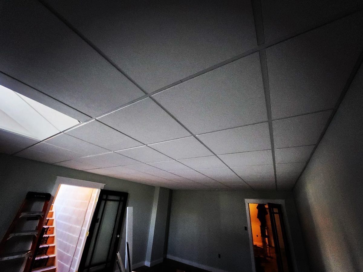 Interior room with a suspended ceiling, door, and ladder.