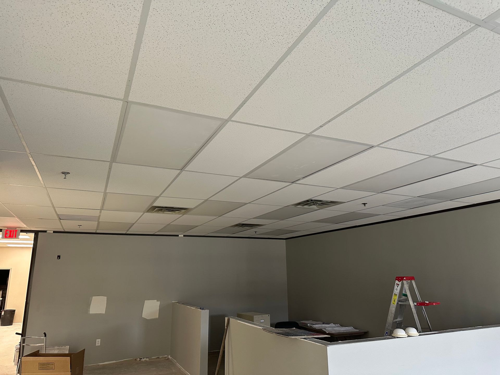 Interior view of a room with a drop ceiling. Gray walls and a stepladder are visible.