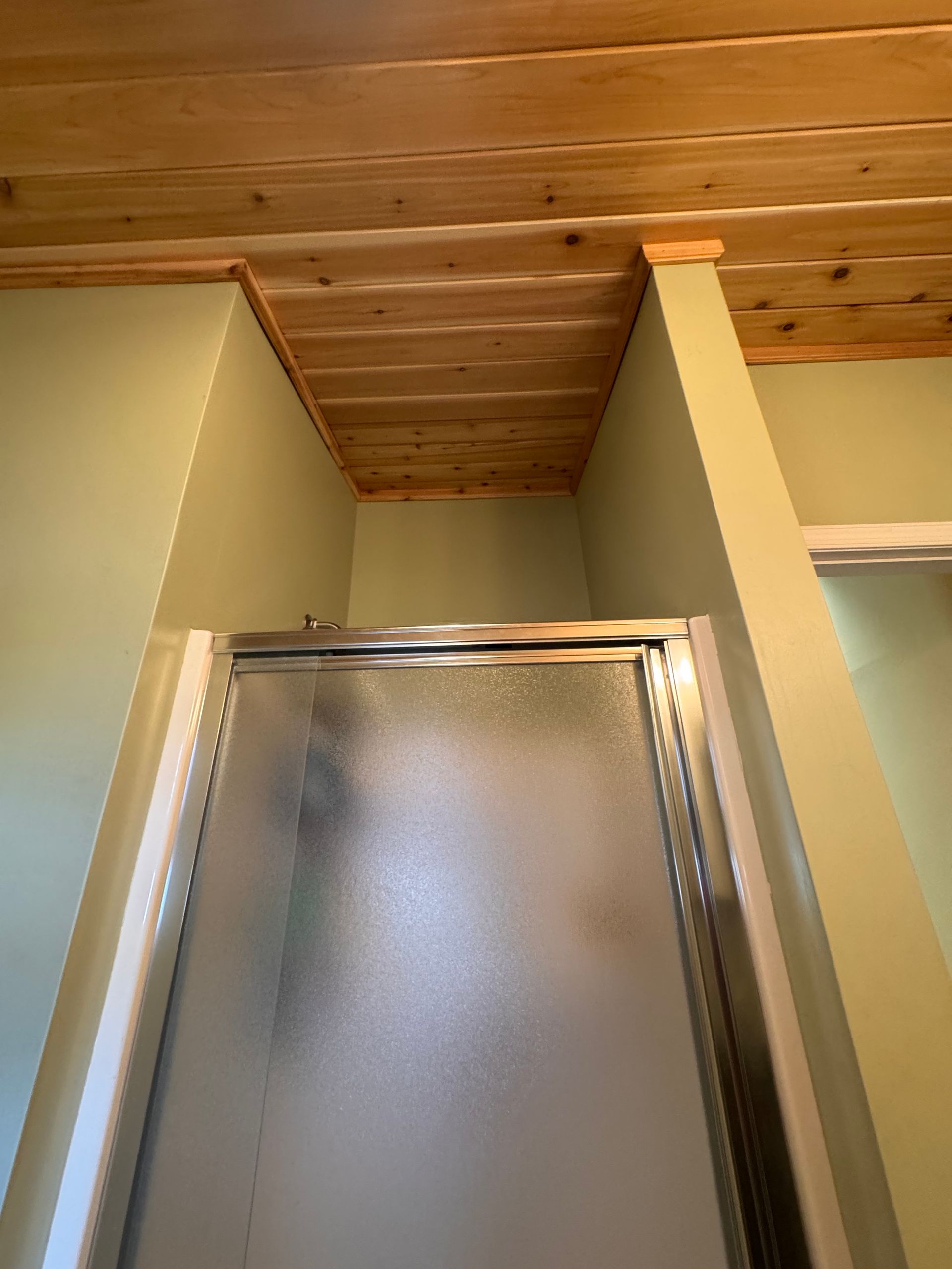 Shower stall with frosted glass door, light green walls, and wood-paneled ceiling.