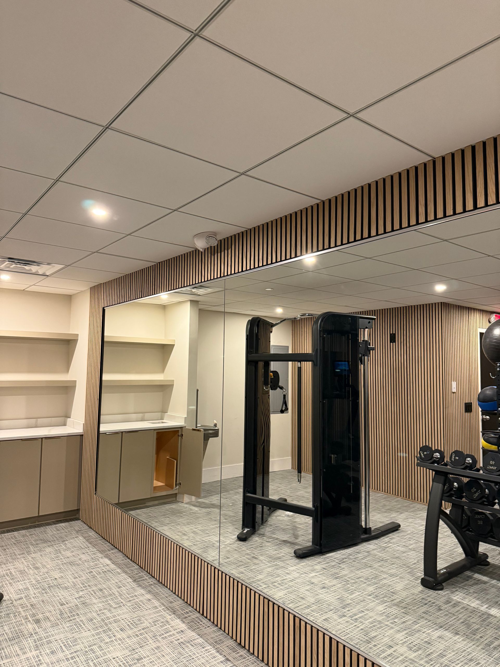 Home gym with exercise equipment and mirror. Wooden slatted walls, gray carpet, and white ceiling.