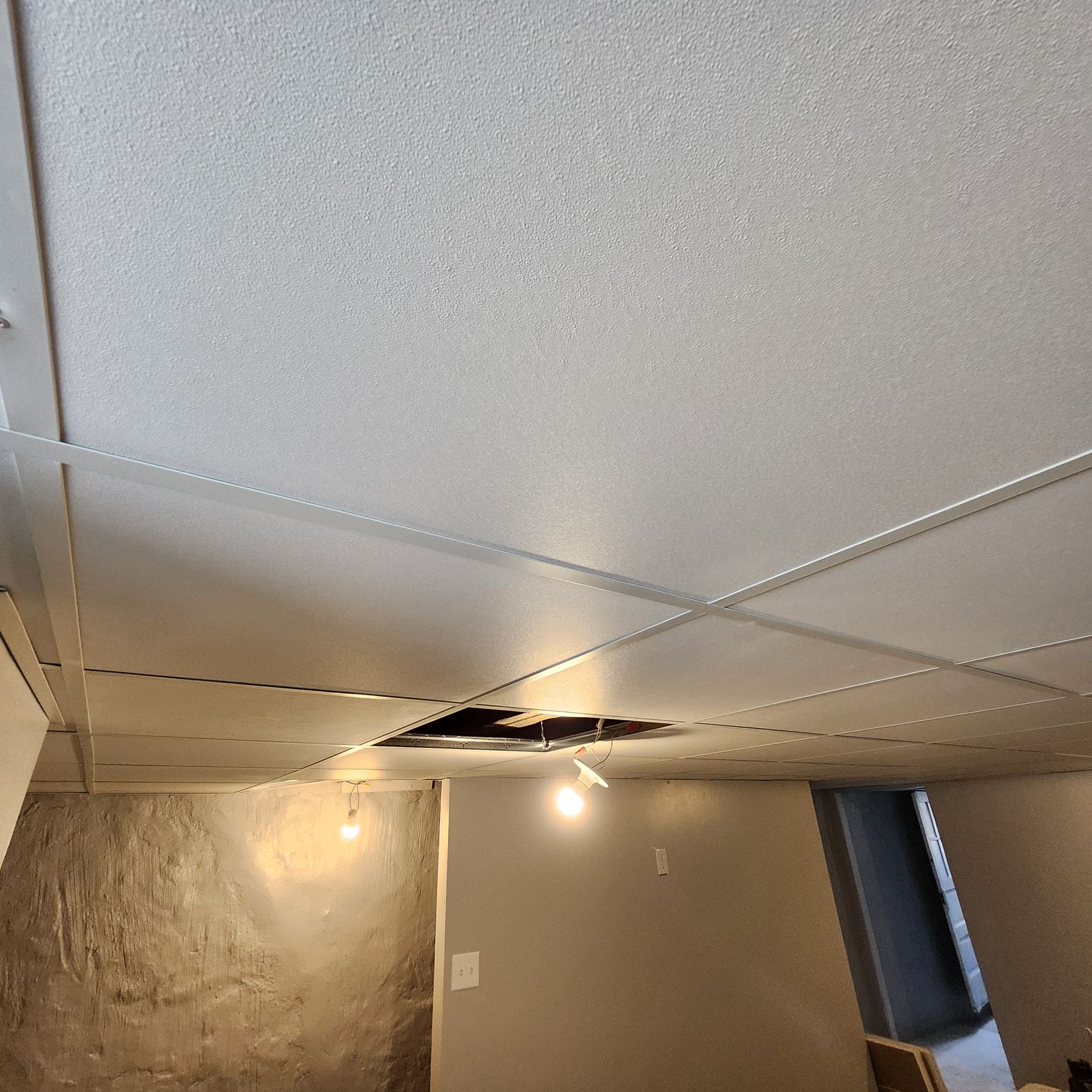 Ceiling with a large hole and suspended tiles. Room has bare walls and a single light fixture.
