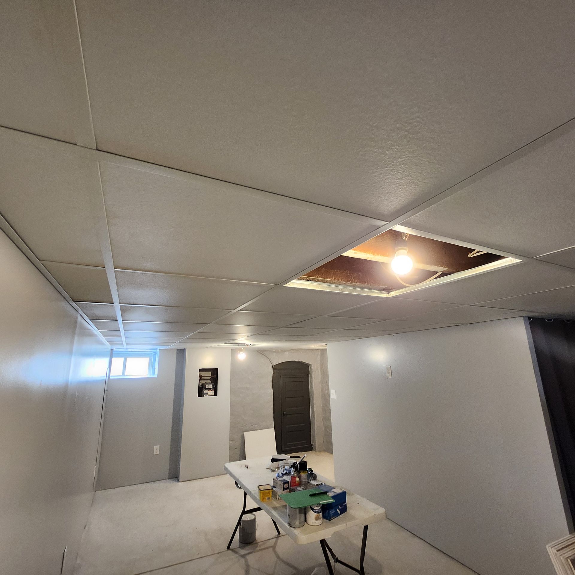Basement room with white walls and ceiling, a table, and a ceiling light.