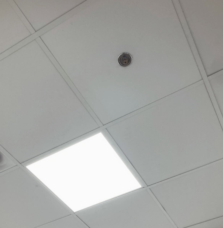 White office ceiling with grid tiles, a light panel, and a sprinkler head.