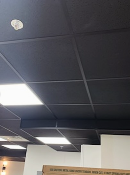 Black tiled ceiling with white square lights and a smoke detector.