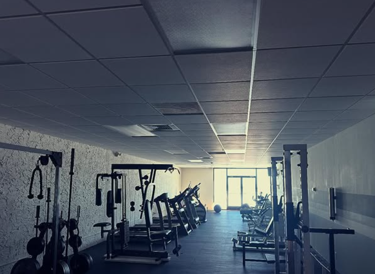 Gym interior with exercise machines lined up. Dim lighting.