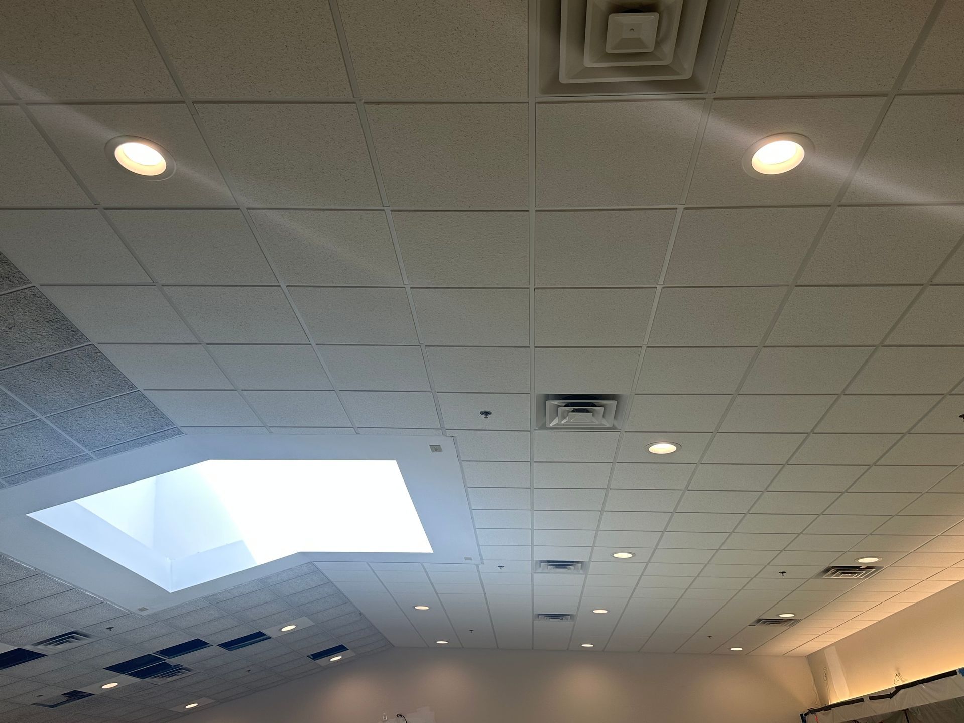 White grid ceiling with recessed lights and a skylight.