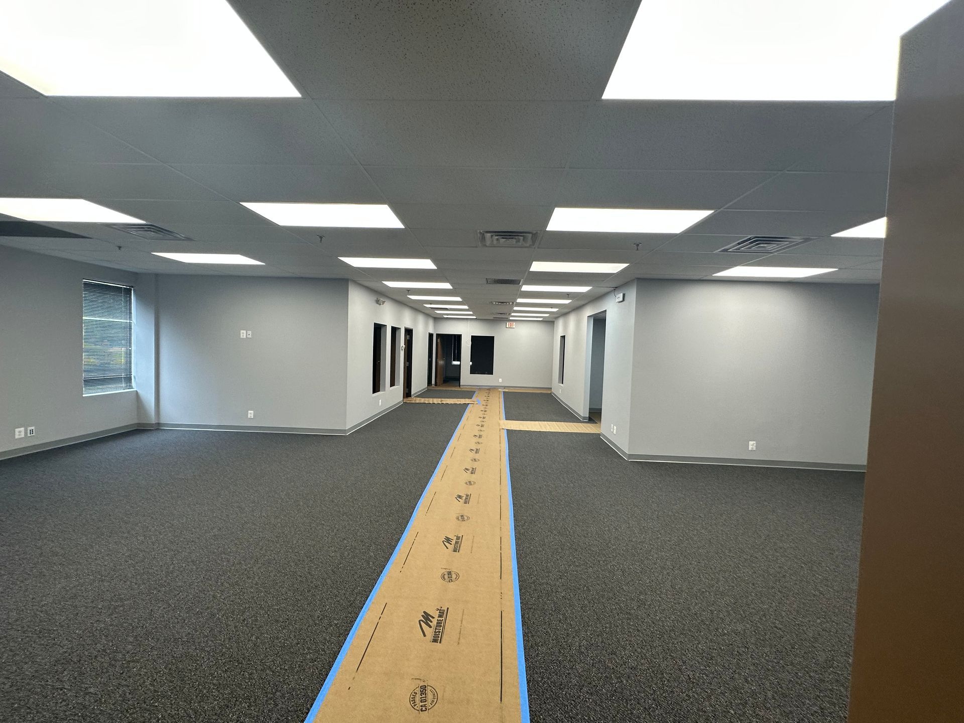 Empty office space with gray walls, dark carpet, and ceiling lights; a brown runner down the middle.