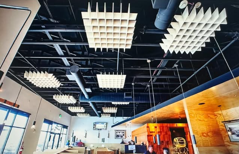 Restaurant interior with a grid of beige acoustic panels suspended from a black ceiling.