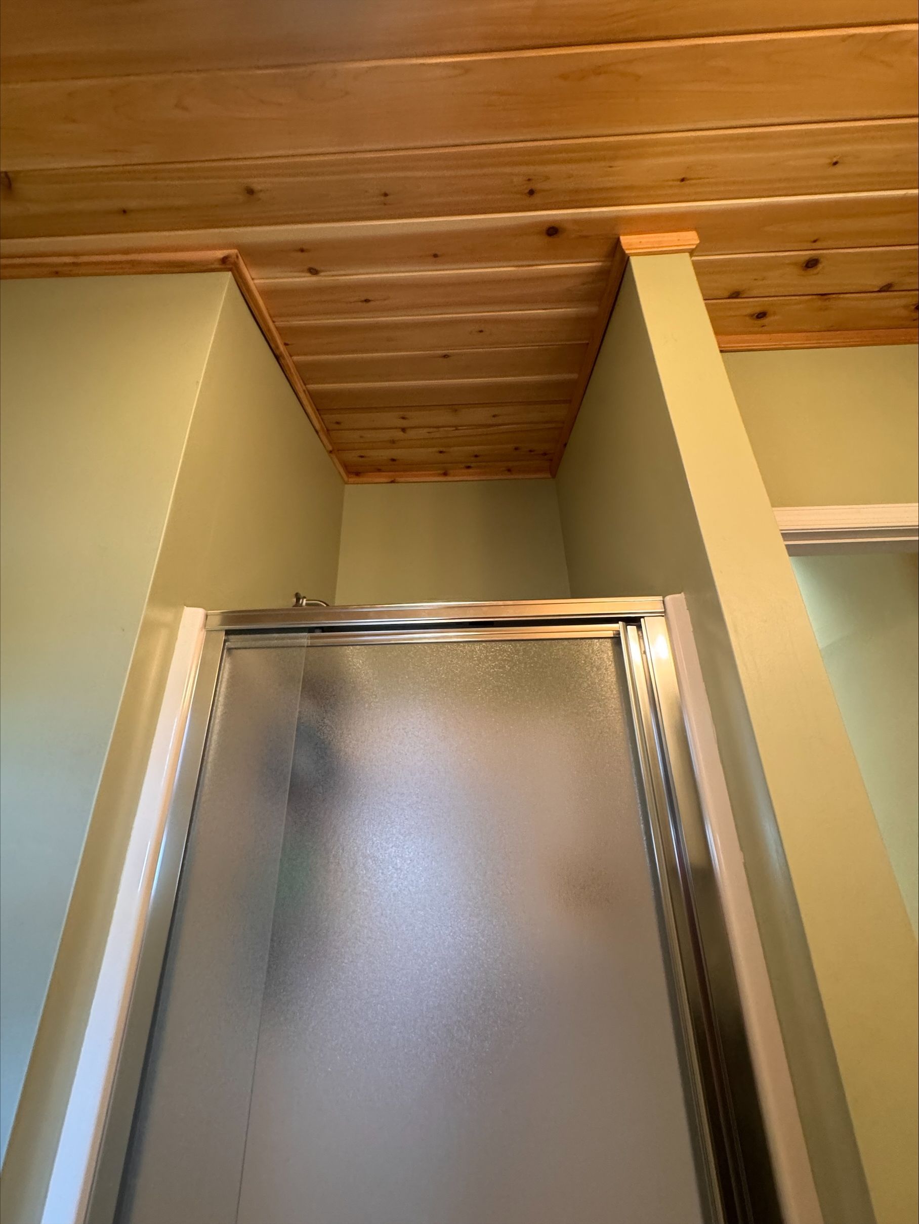 Shower with frosted glass door, light green walls, and wood-paneled ceiling.