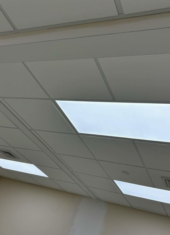 White ceiling tiles with recessed rectangular lights.