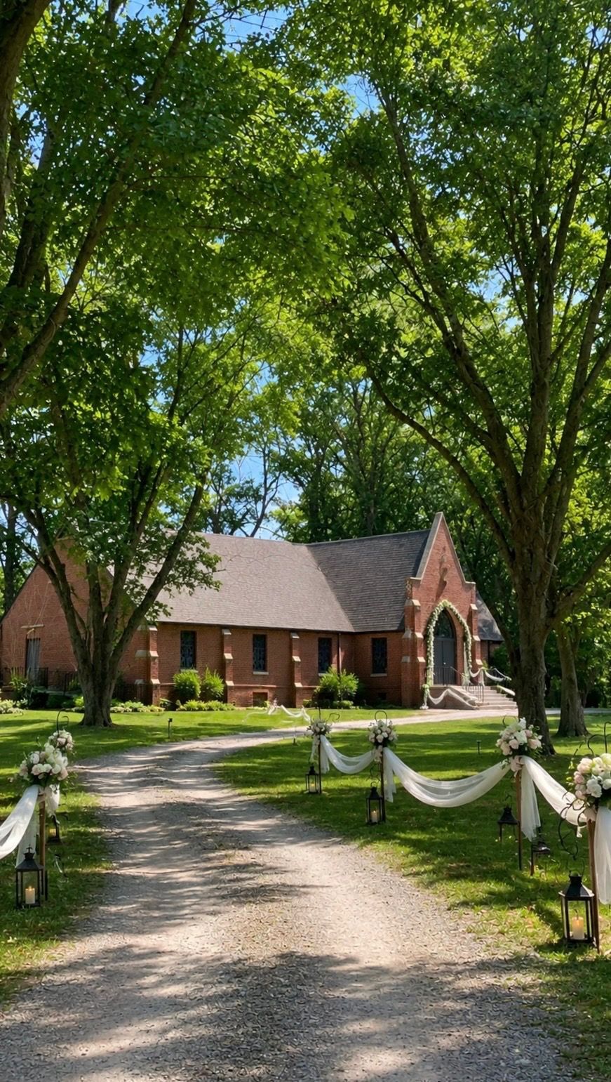 A brick church building nestled among large, leafy trees on a sunny day.
