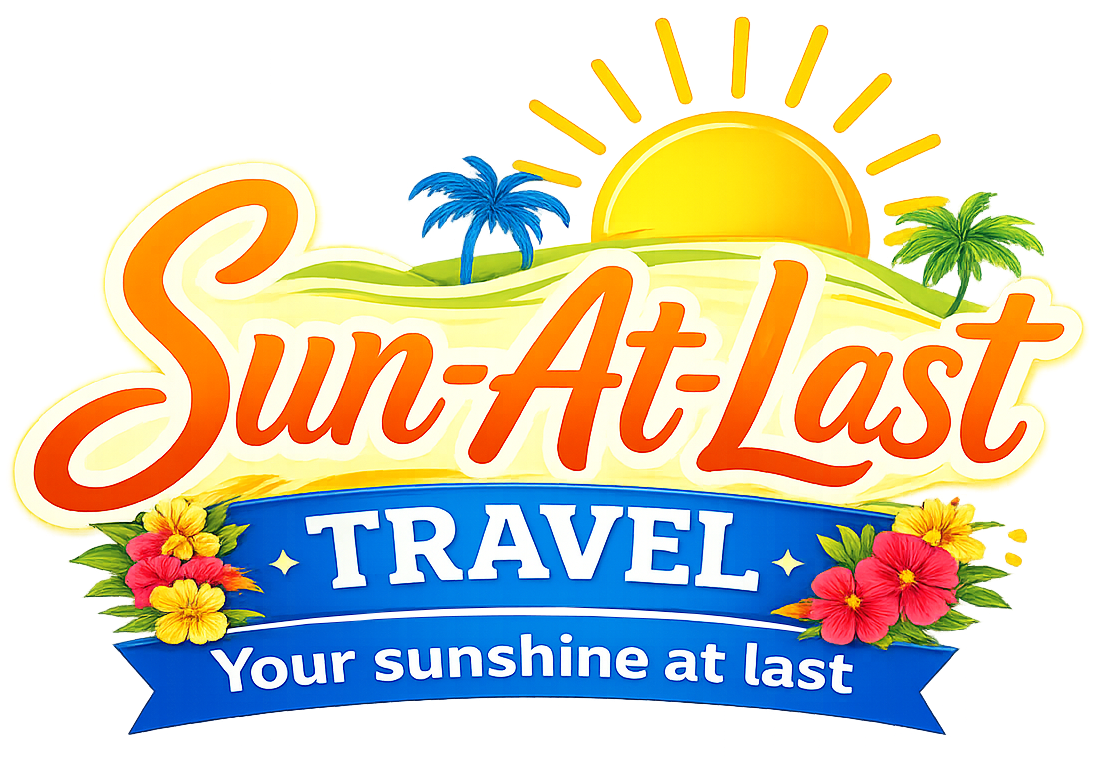 Sun-At-Last Travel logo with sun, palm trees, flowers, and blue banner reading “Your sunshine at last”