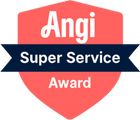 Angi Super Service Award badge, red shield with navy banner, white text.