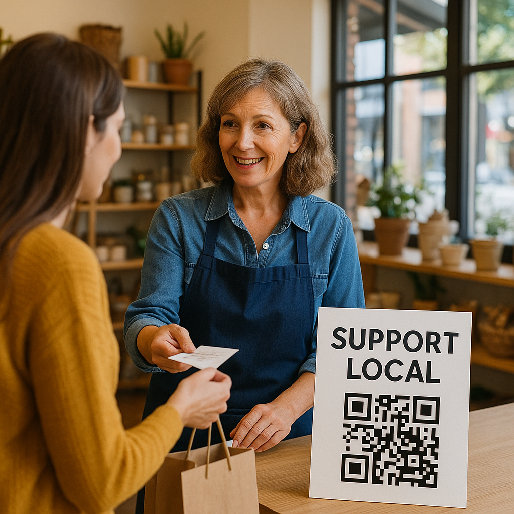 Woman paying a shopkeeper at a local store with a 
