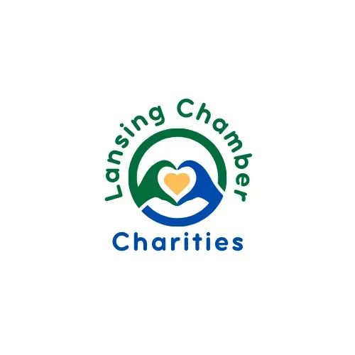 A logo for lansing chamber charities with a heart in the middle.