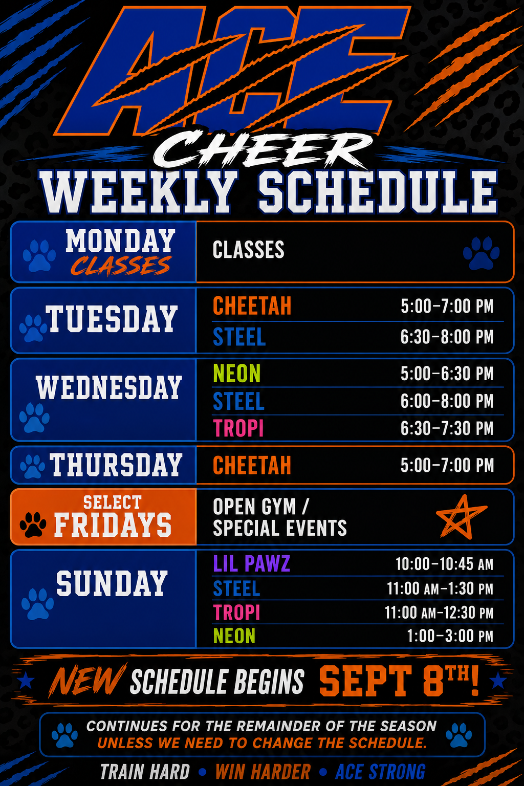 Blue and orange ACZ Cheer weekly schedule poster with days, class names, times, and new schedule start date.