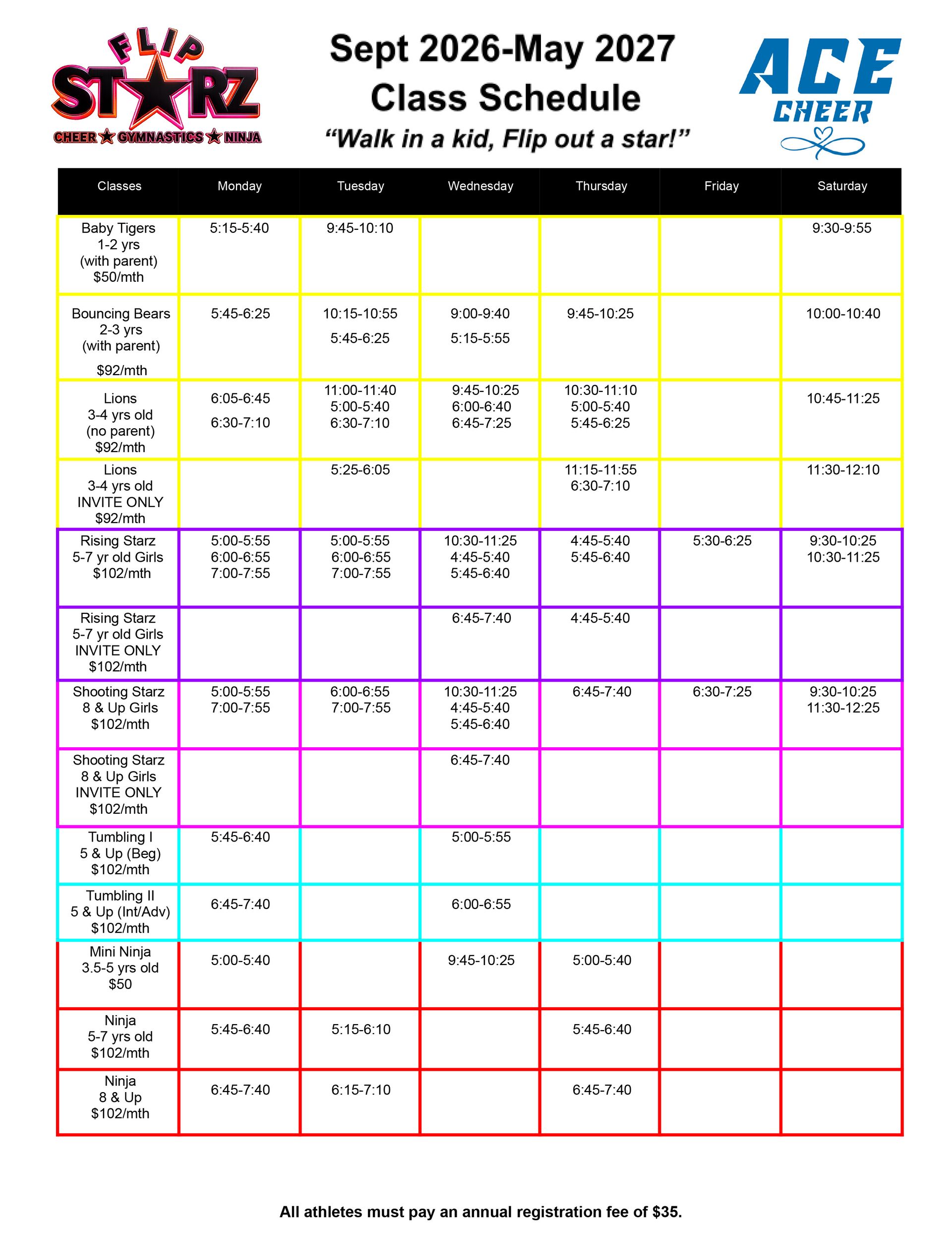 September 2026-May 2027 class schedule chart with multicolored rows and STAR/ACE logos at top