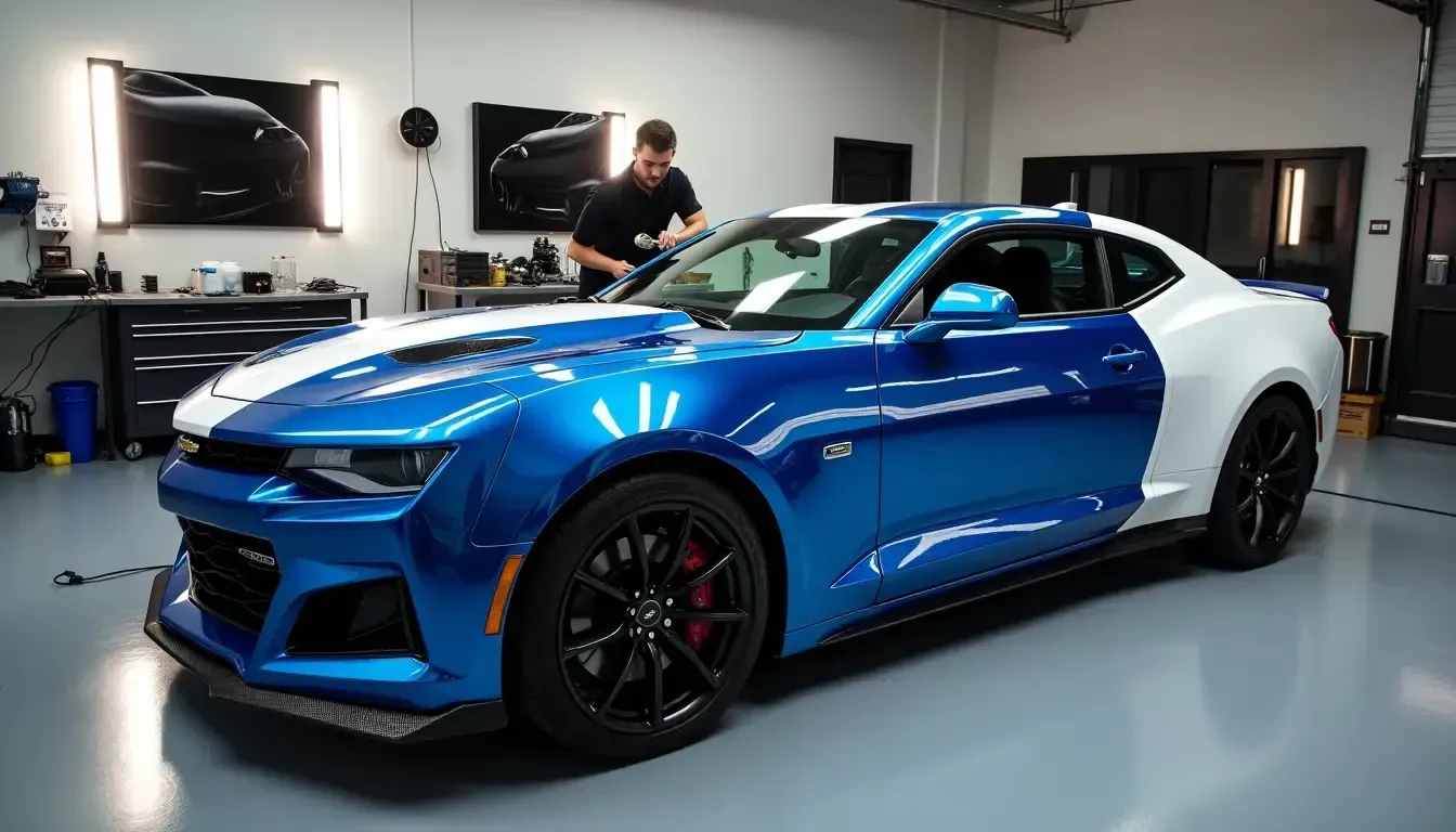 A man is working on a car wrap installation in Los Angeles.