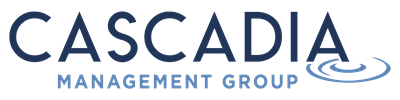Cascadia Management logo in navy blue with stylized wave icon